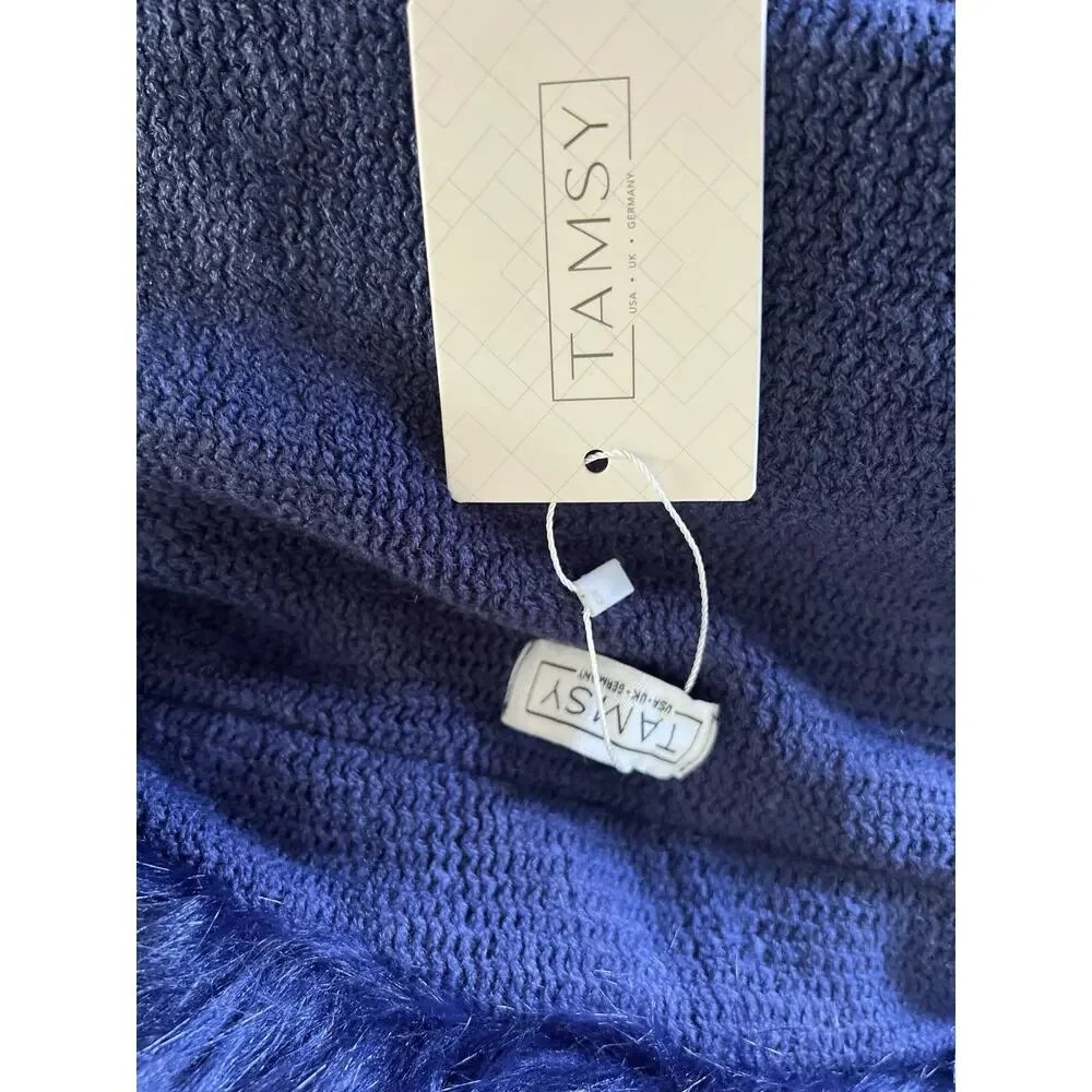 Tamsy Boutique Navy Blue Faux Fur Poncho Old Money Cape Wrap OS #1017